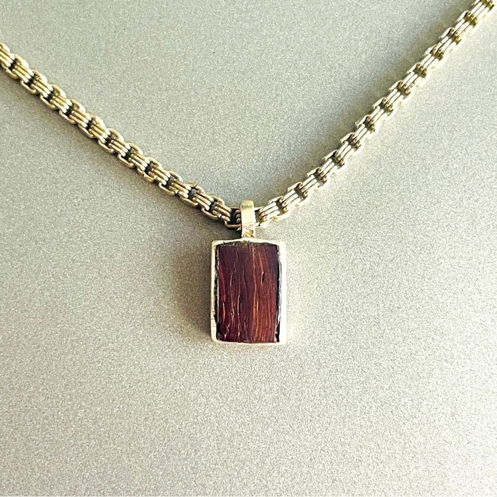 Vintage Liz Claiborne Wood Inlay Slider Charm Pendant Sterling Silv Necklace